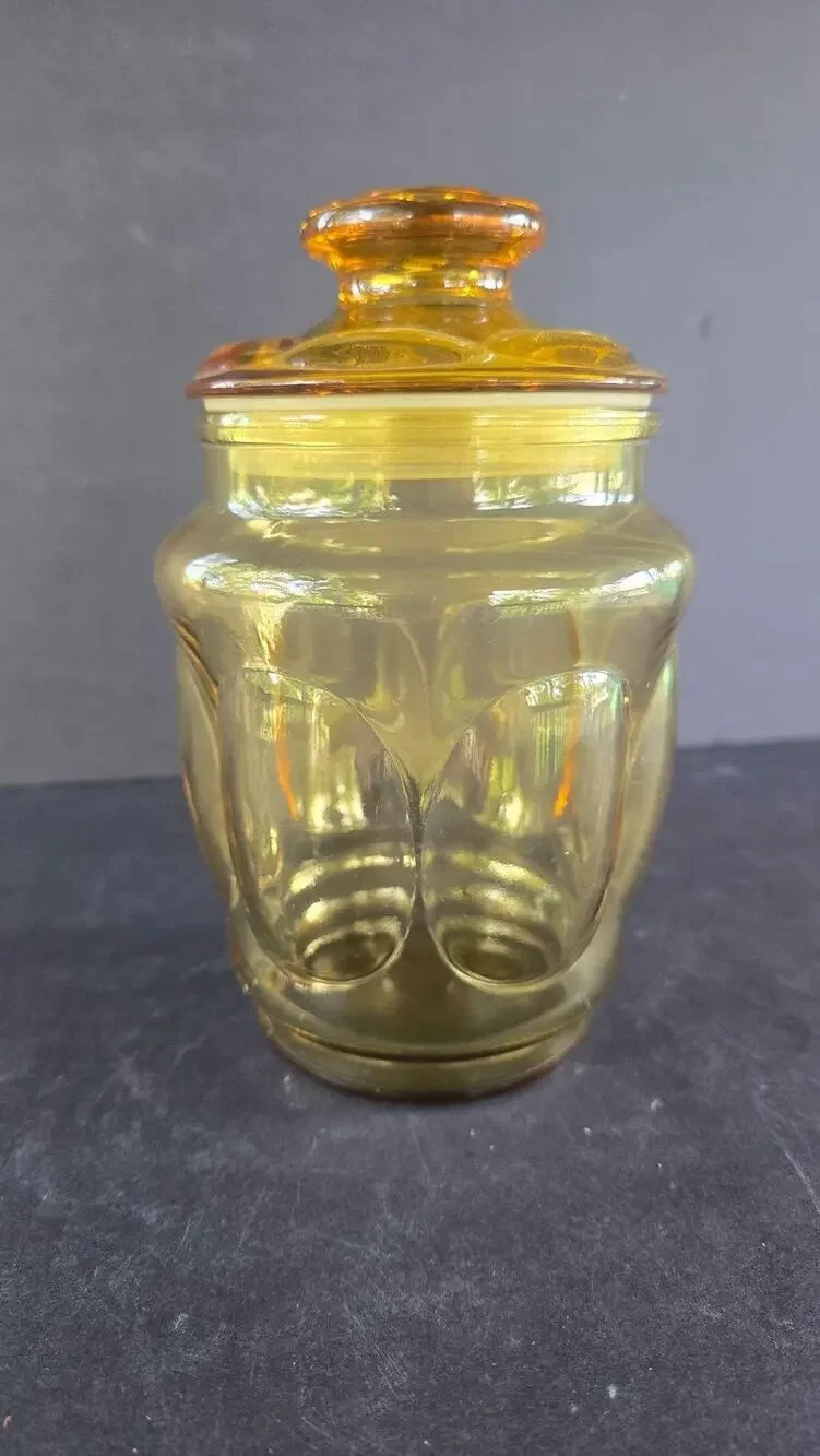 Vintage Amber Yellow Pressed Bubble Glass Jar With Lid Round Canister Kitchen